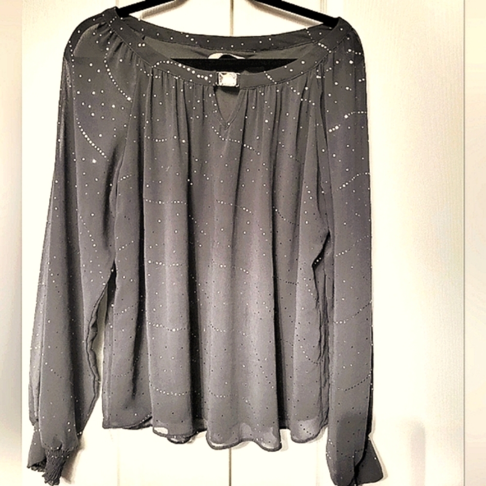 Billie & Blossom Gray Chiffon Lined Sparkle Whimsigoth Blouse L/XL